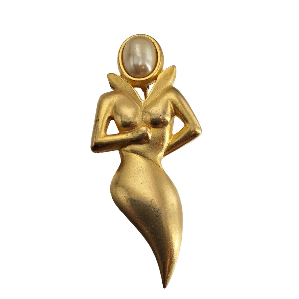 Vintage Gold Platedβ Faux Pearl Female Figure Brooch Pin Mid Century Modern